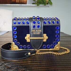 Prada Cahier Navy Blue Velvet City Calf Saffiano Leather Crystal Handbag Bag